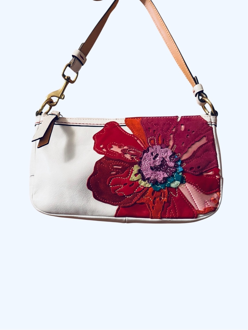 Coach White Leather Shoulder Bag with Red & Pink Floral Appliqué